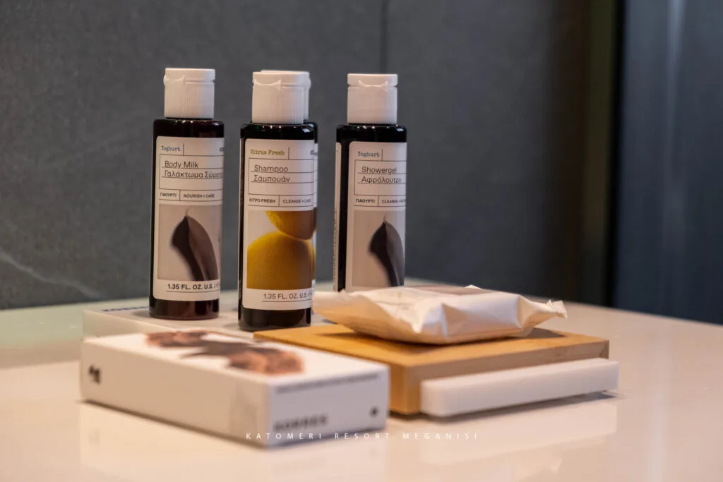 hotel photography aesthetics in greece showing toiletries offered to guests by a boutique hotel in greece